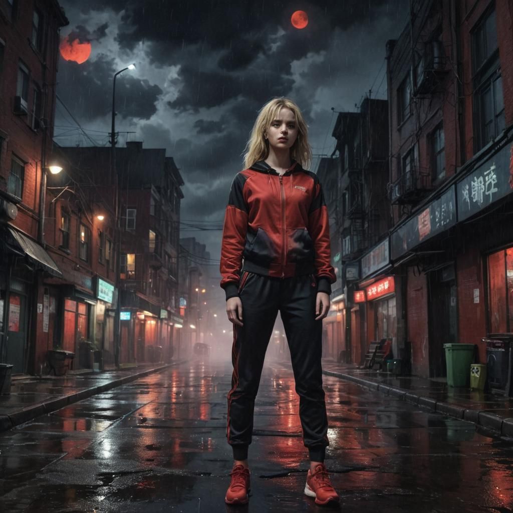 Anime Style: Woman in Red Under Fluorescent Lights