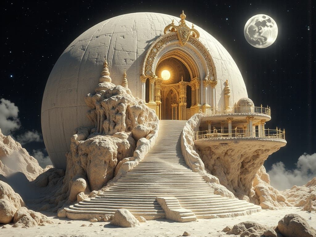 Ivory and Gold Temple City on Moon in Space