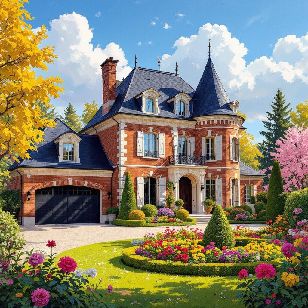 Grand Chateau with Garden Under Blue Sky