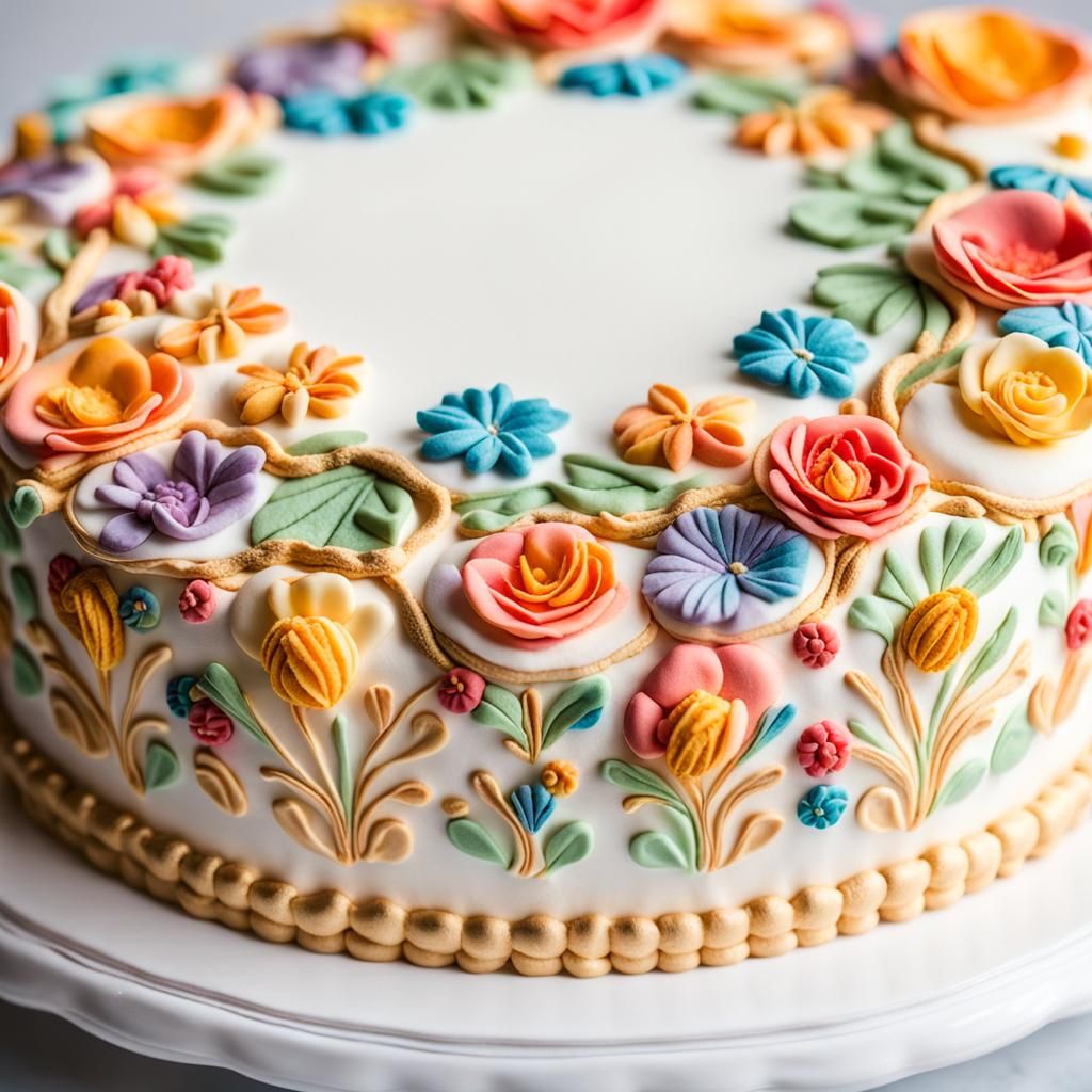 Colorful Marzipan Cake Decorations on White Fondant