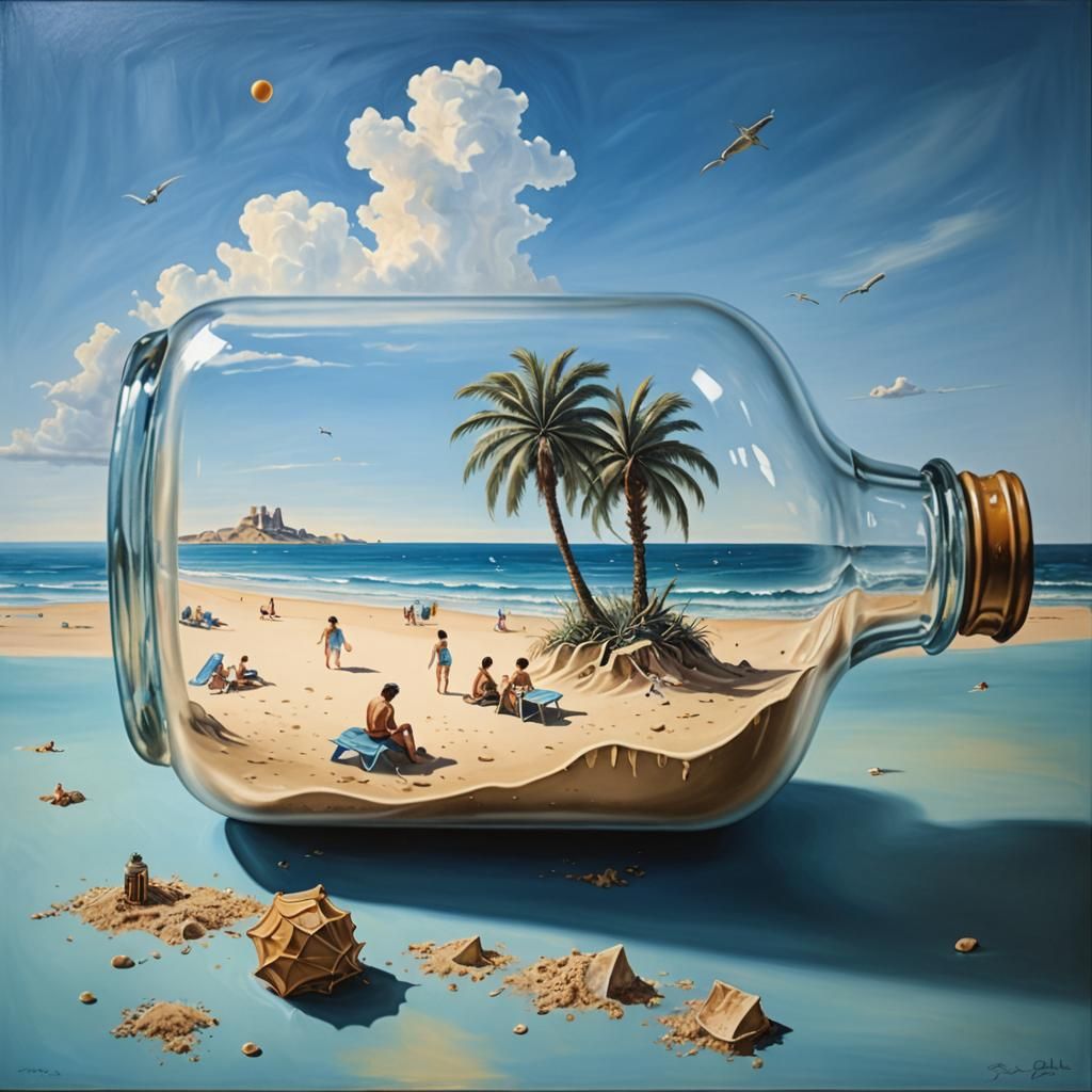 Surrealist Paradise Inside a Glass Bottle