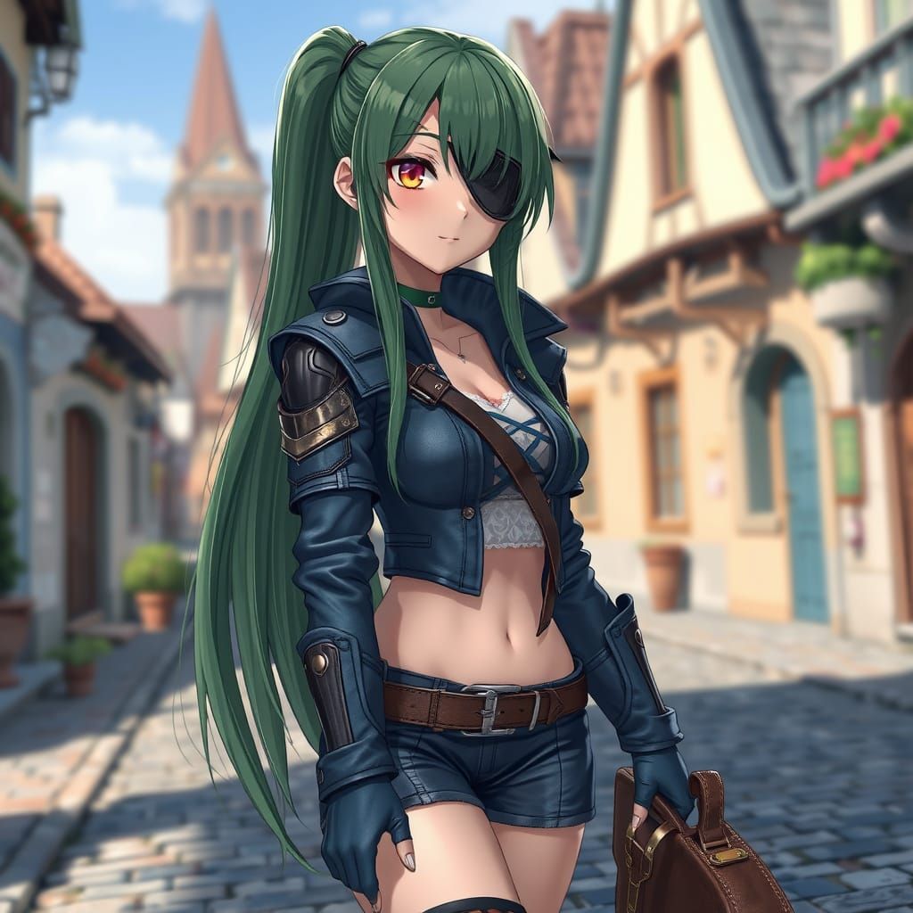 Anime Woman with Green Hair in Picturesque Town