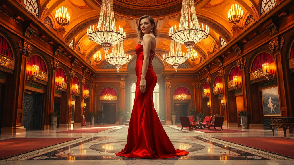 Elegant Woman in Red Gown, Art Nouveau Style