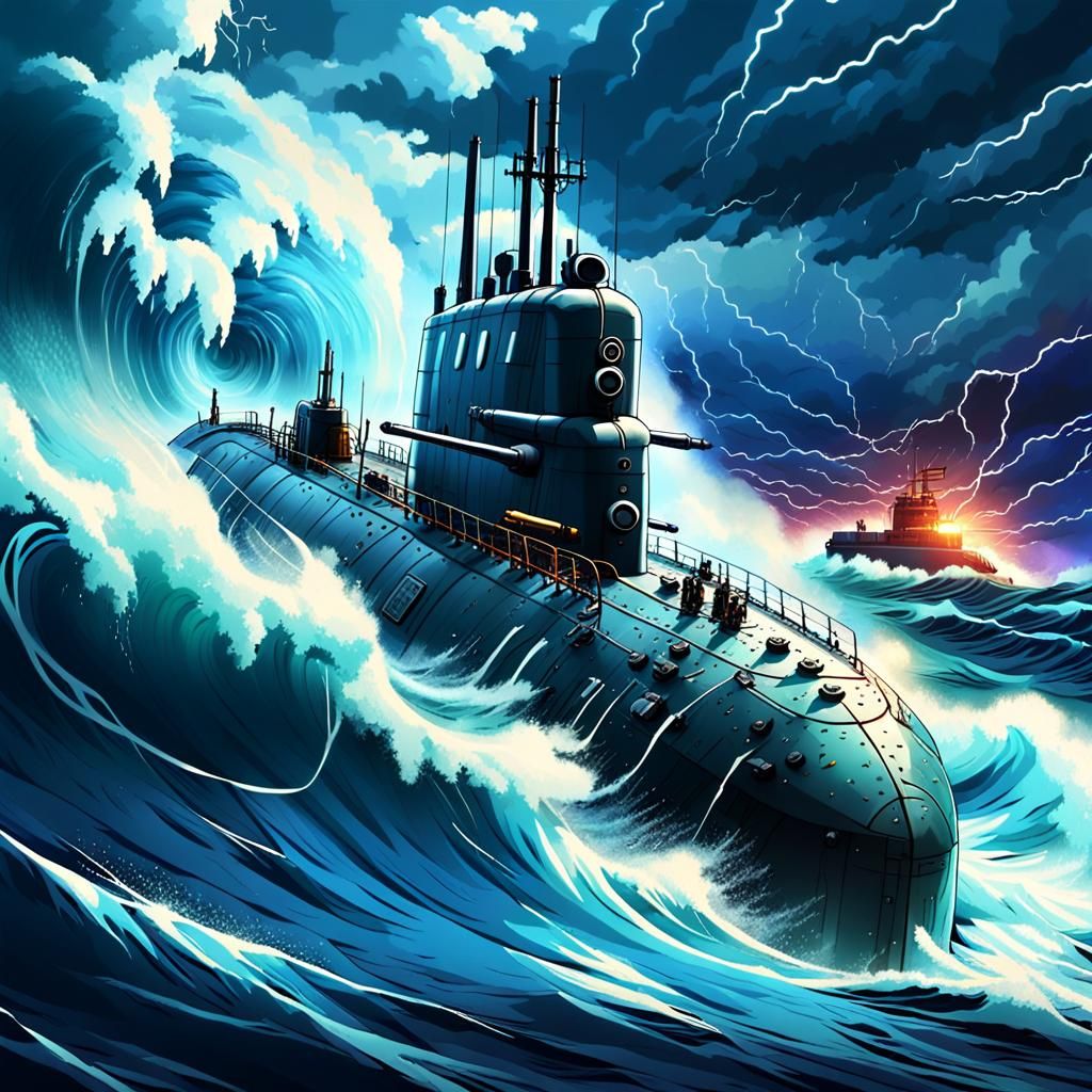 Anime Submarine Sails Stormy Ocean with Guns