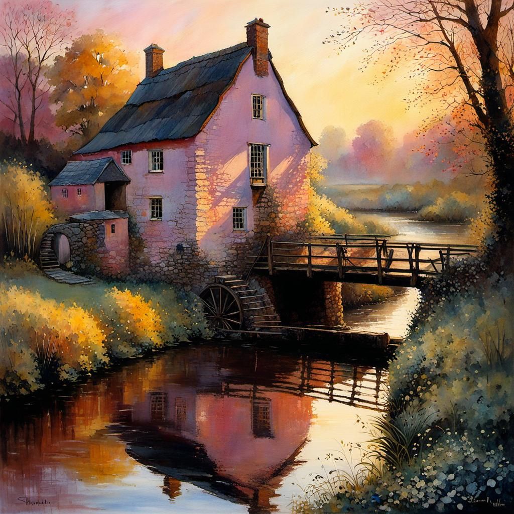 Historic Watermill in Evening Light: Dreamy Art