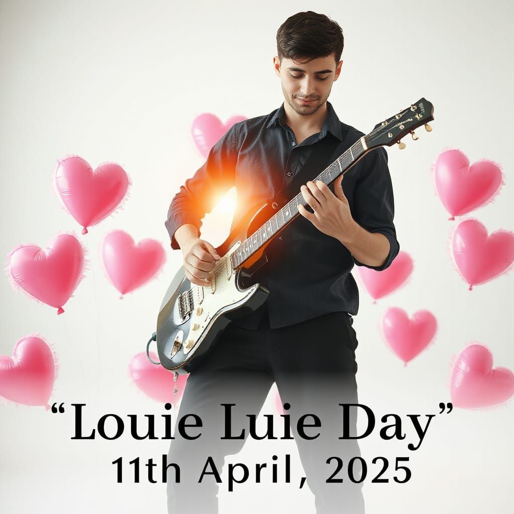 Guitar Player Surrounded by Pink Hearts in a Crisp White Stu...