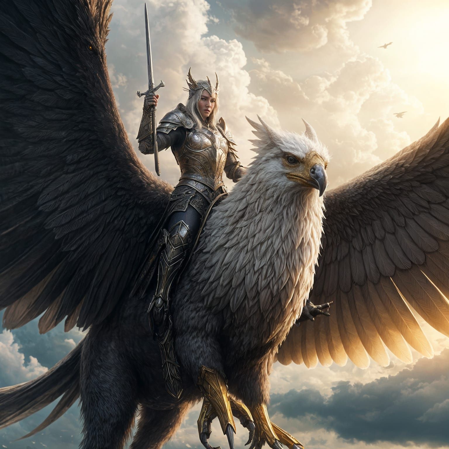 Armored Elf Warrior on Flying Griffin