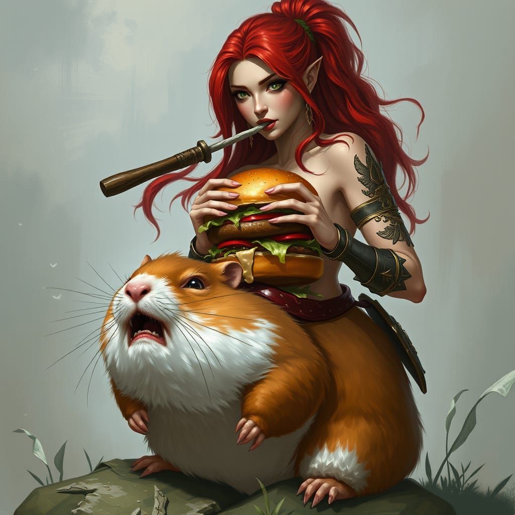 Redhead Warrior Eating Burger on Giant Hamster