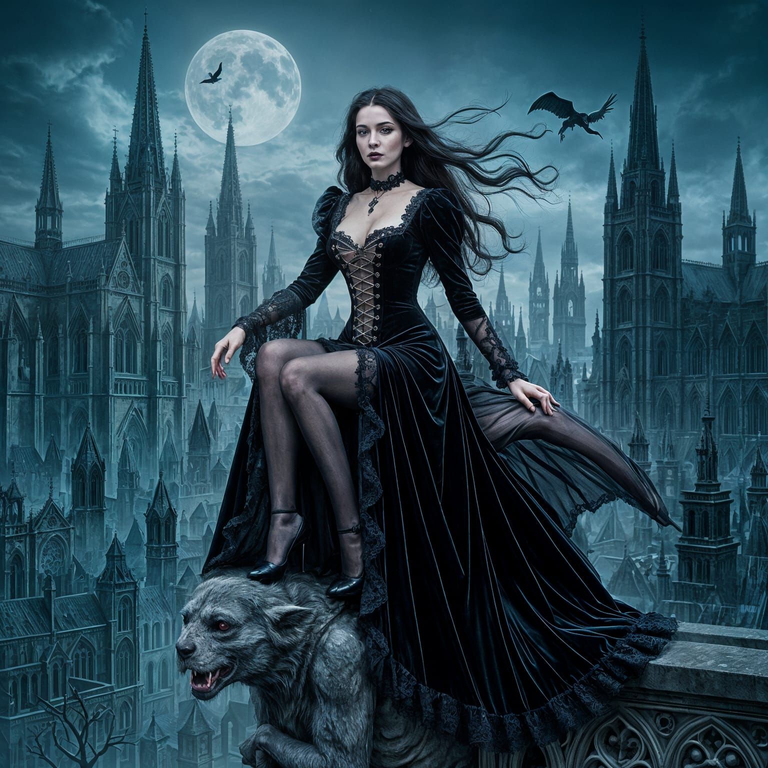 Gothic Witch Overlooking Spectral Cityscape