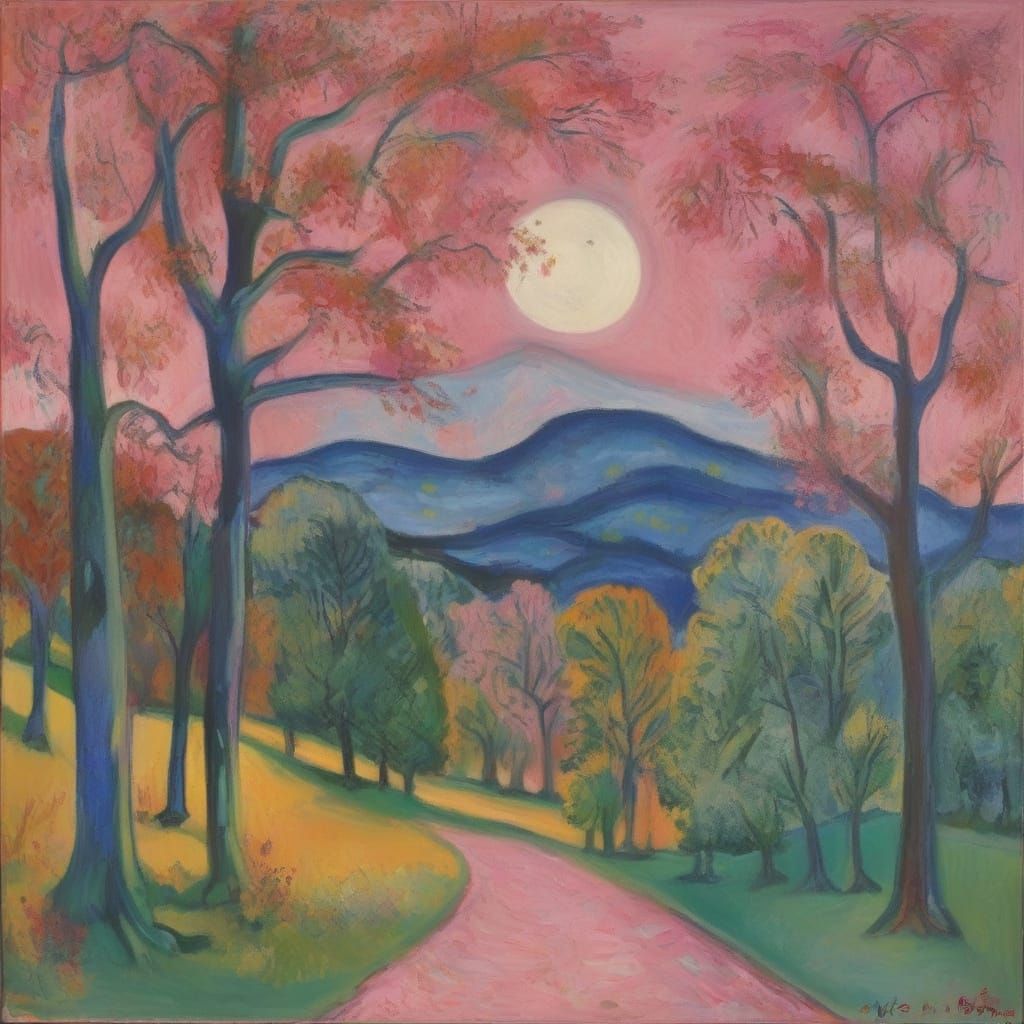 Pink Moon Over Forest: An Expressionist Landscape