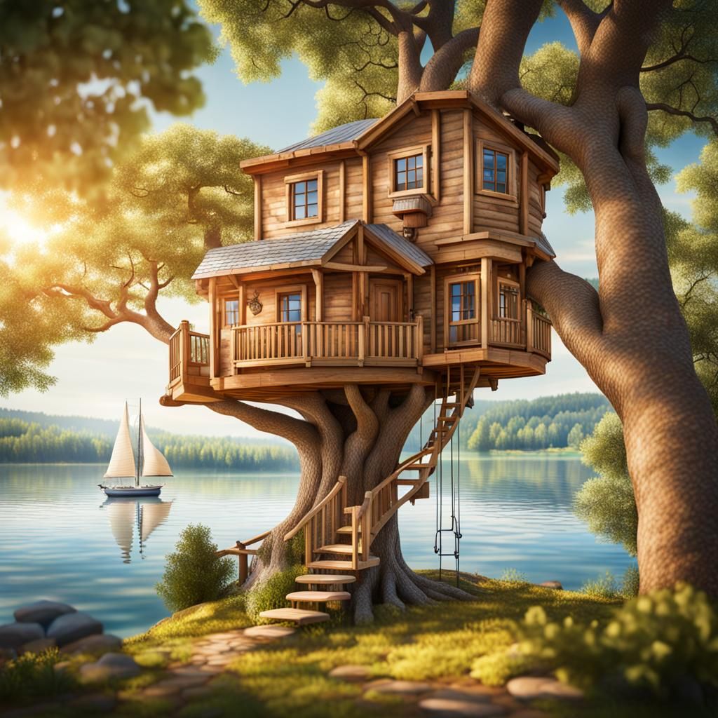 Realistic Treehouse Overlooking Lake on Sunny Day