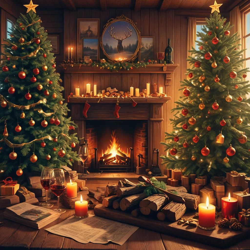 Cozy Christmas Room with Fireplace in Fantasy Style