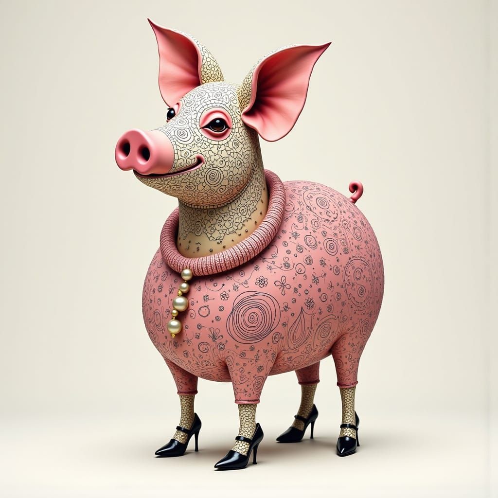Whimsical 3D Pig Sculpture in Folk-Art Motifs