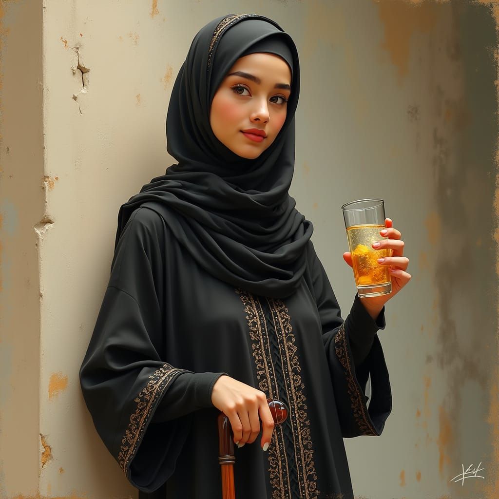 Elegant Muslim Woman in Hijab Waiting for Husband with Refre...