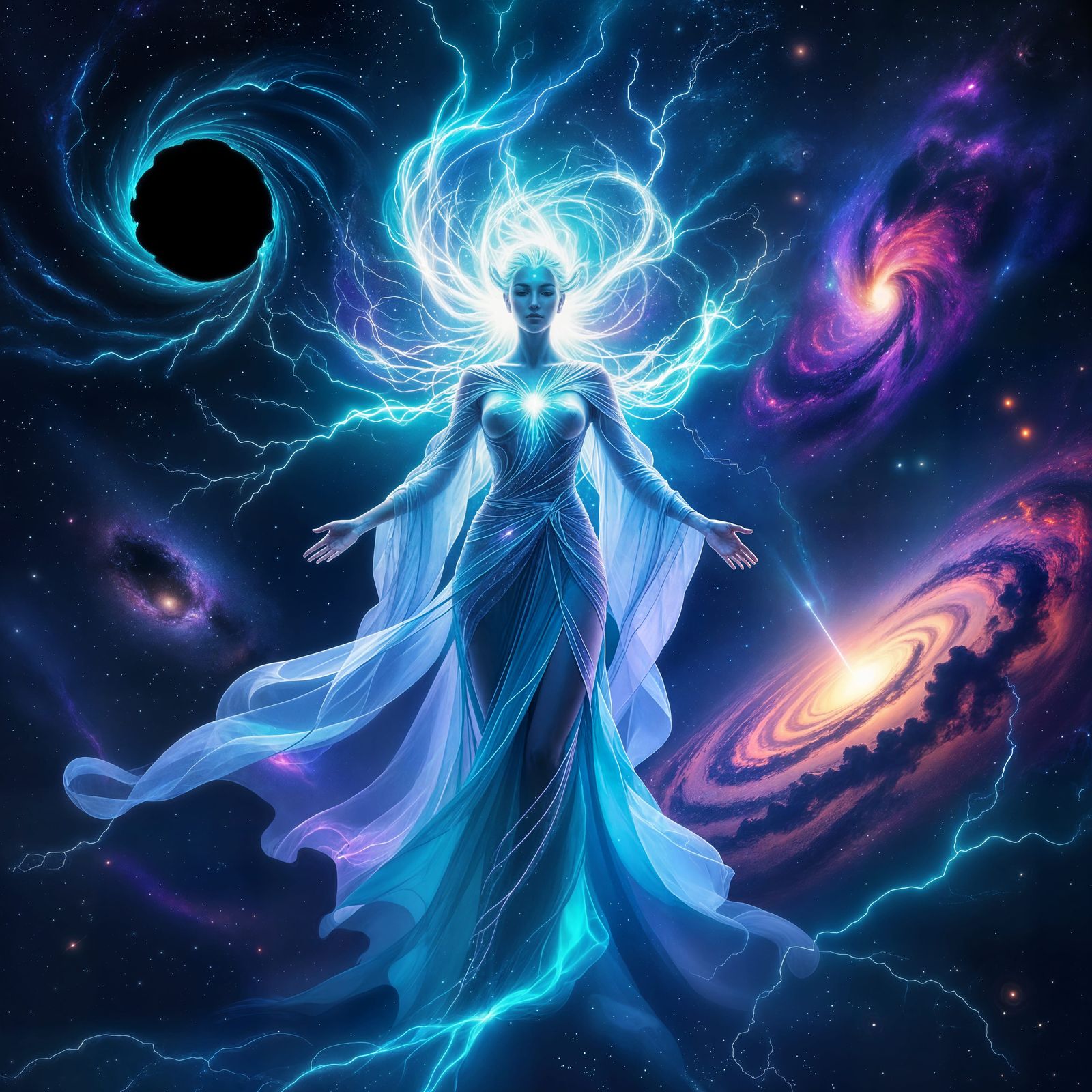 Ethereal Figure in Cosmic Vortex Scene