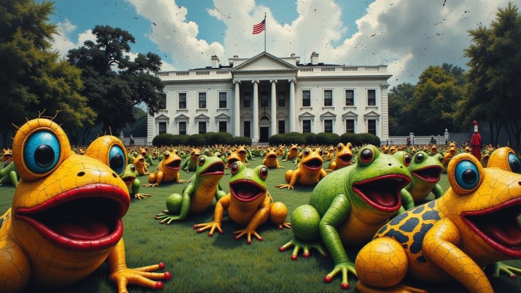 Surreal White House Scene: Trump as Witch with Frog Invasion
