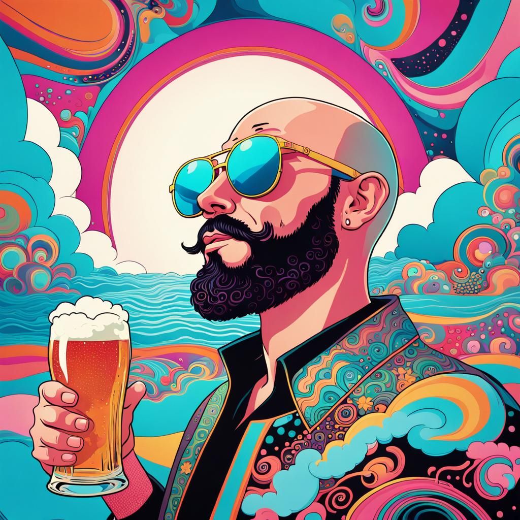 Psychedelic 70s Cartoon of Man Drinking Beer