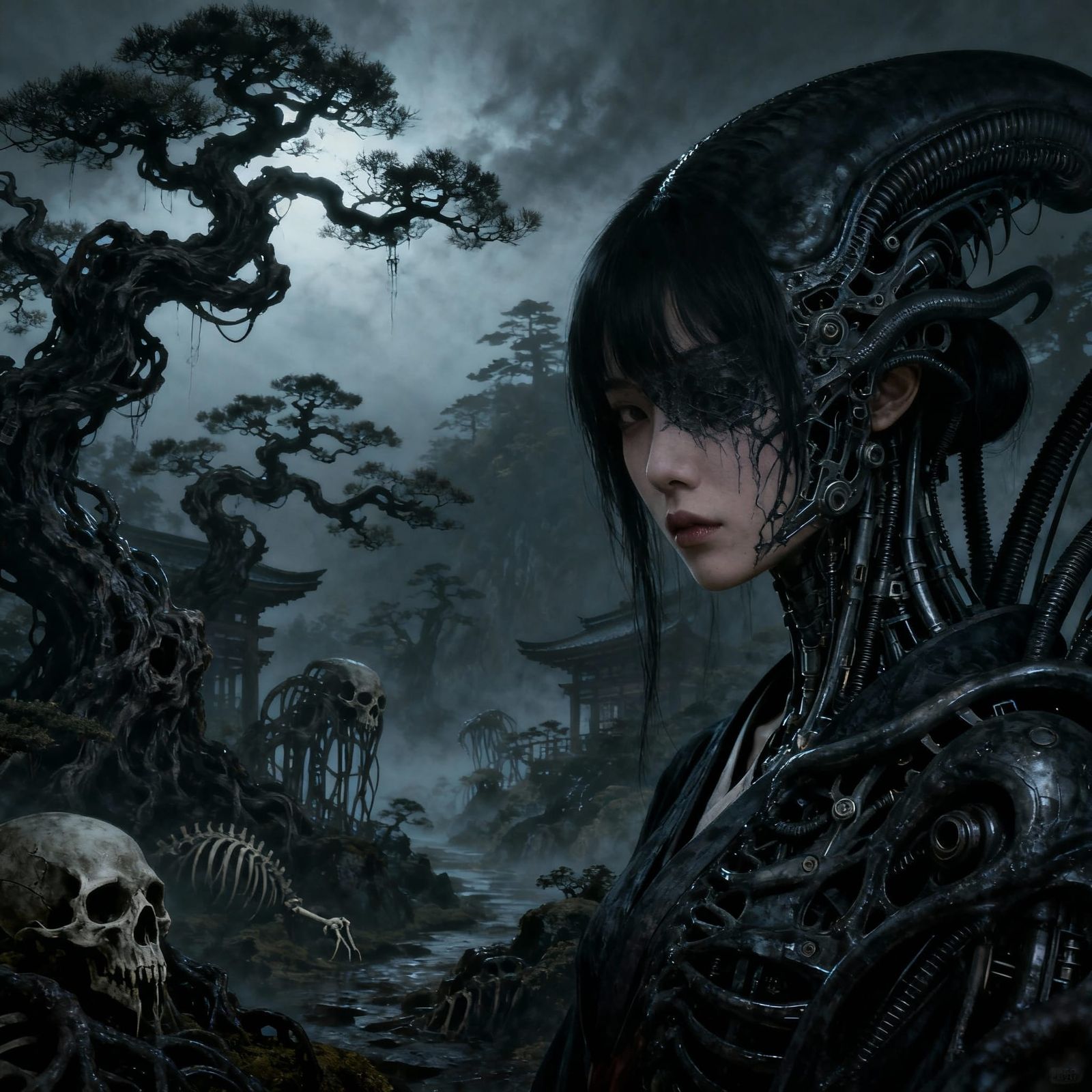 Biomechanical Japanese Woman in Surreal Landscape