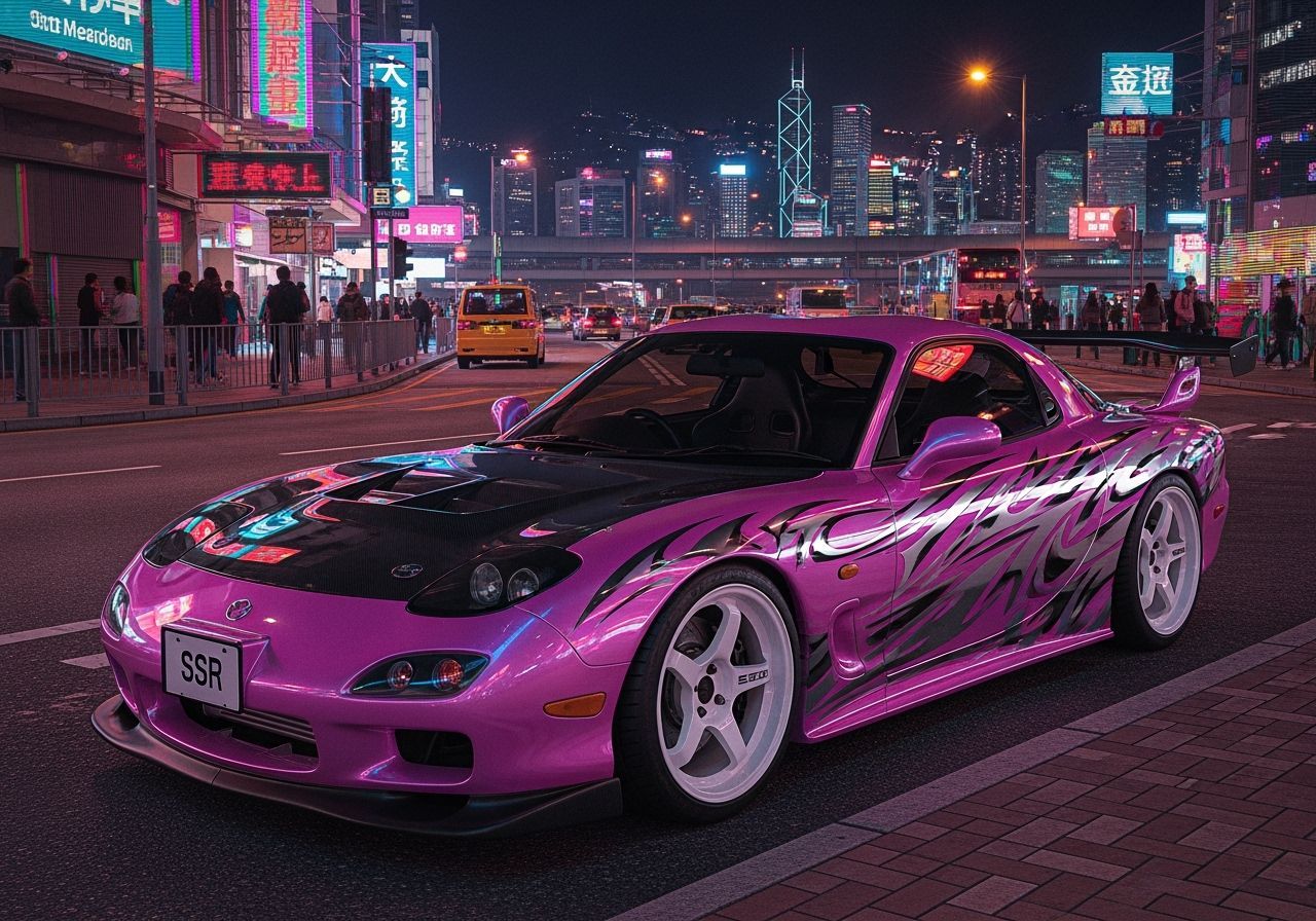 Magenta Mazda RX-7 FD in Vaporwave Cyberpunk Style