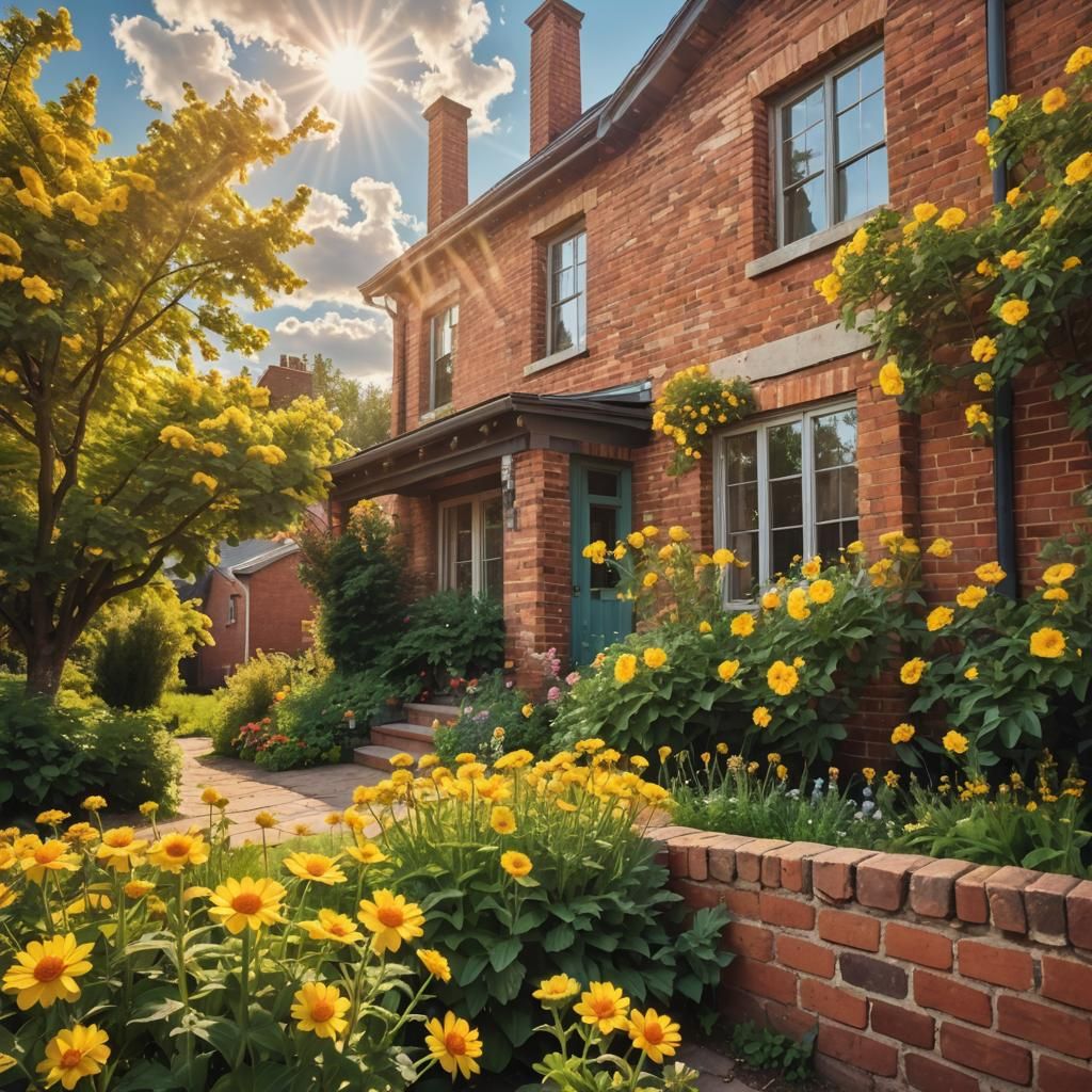 Cozy Brick House Surrounded by Yellow Flowers