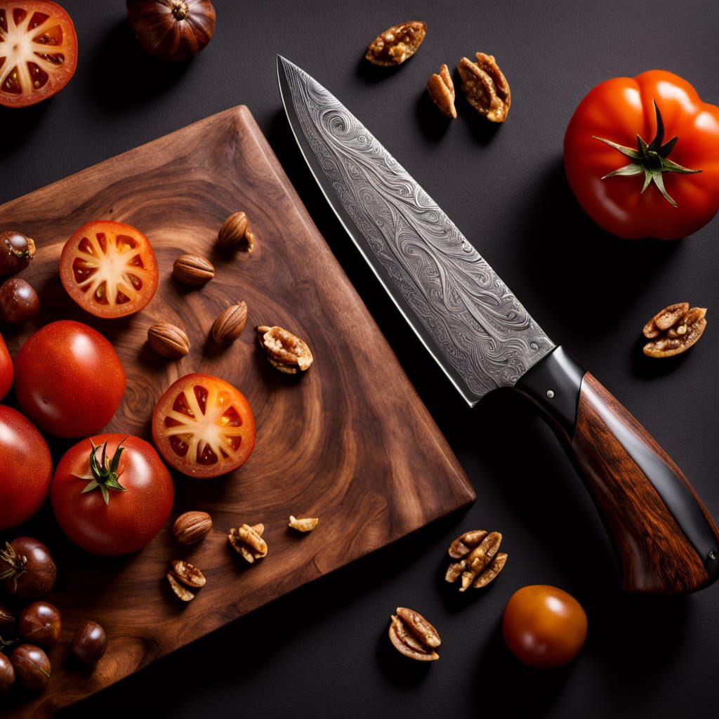 Takamura Knife Slices Heirloom Tomato: Culinary Macro Shot