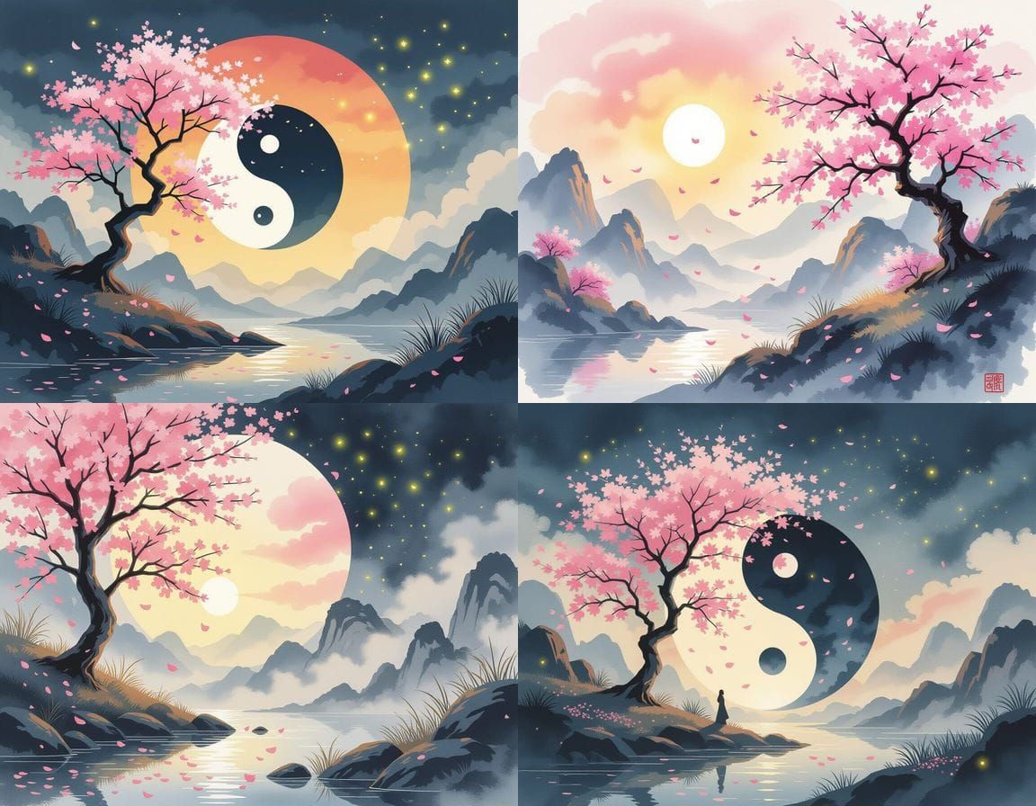 Yin-Yang: Cherry Blossom and Ink-Wash in Ghibli Style