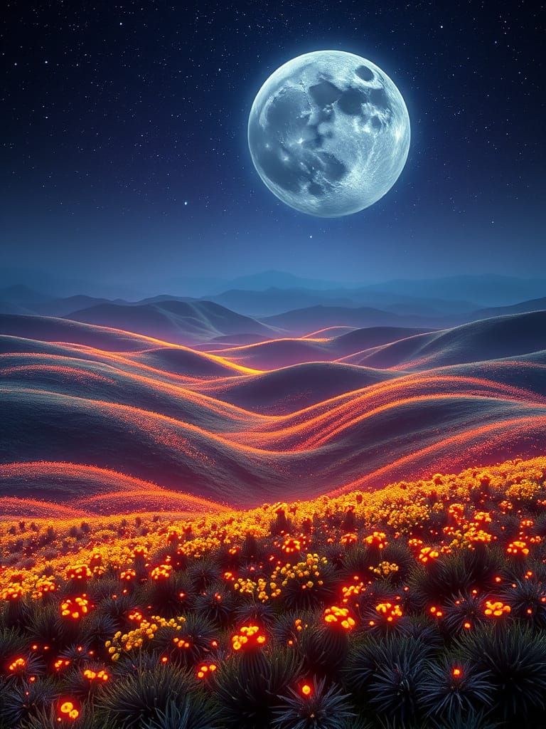 Psychedelic Night Landscape with Bioluminescent Flora