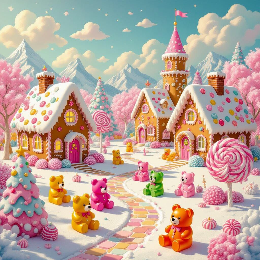 Whimsical Candy World with Gummy Bears and Lollipop Trees