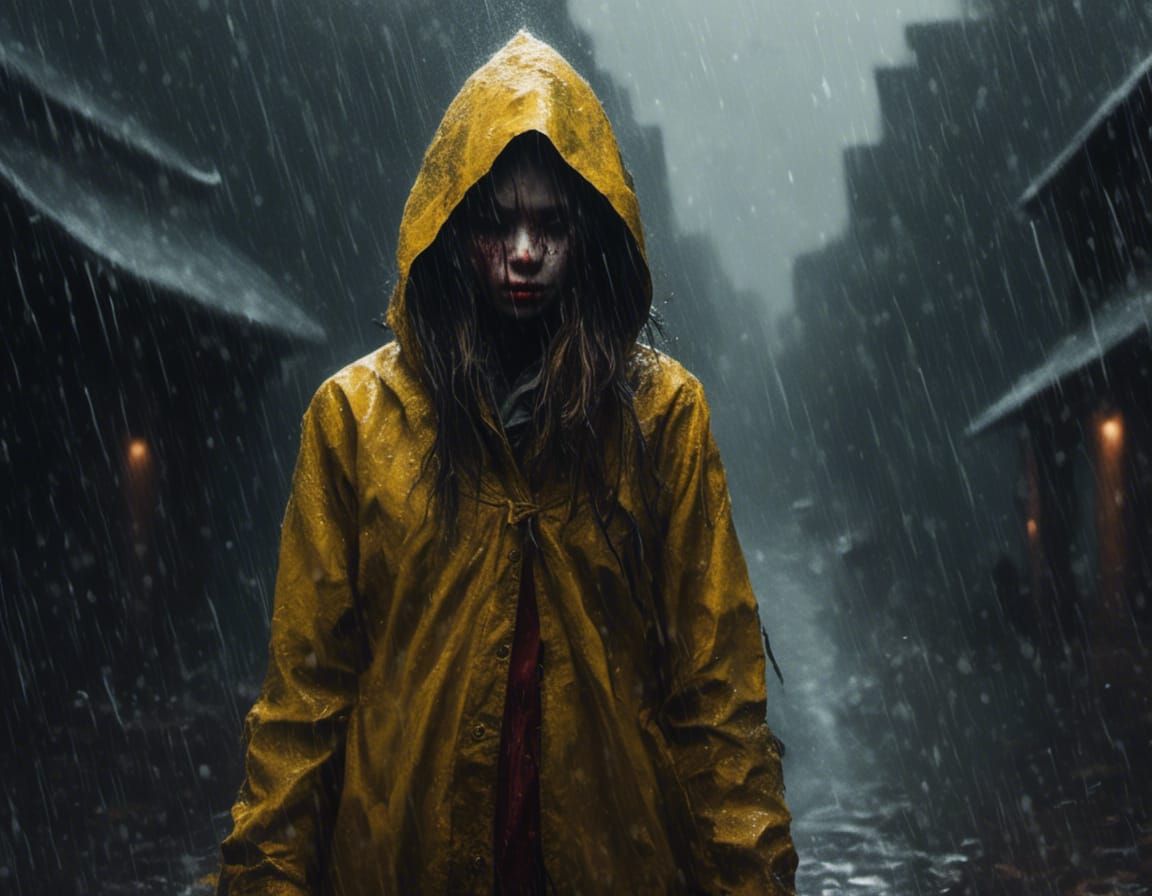 Disturbing Girl in Yellow Raincoat, Macabre Horror Style