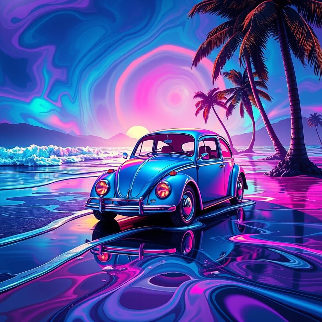 Surreal Volkswagen Beetle on Dreamlike Beach