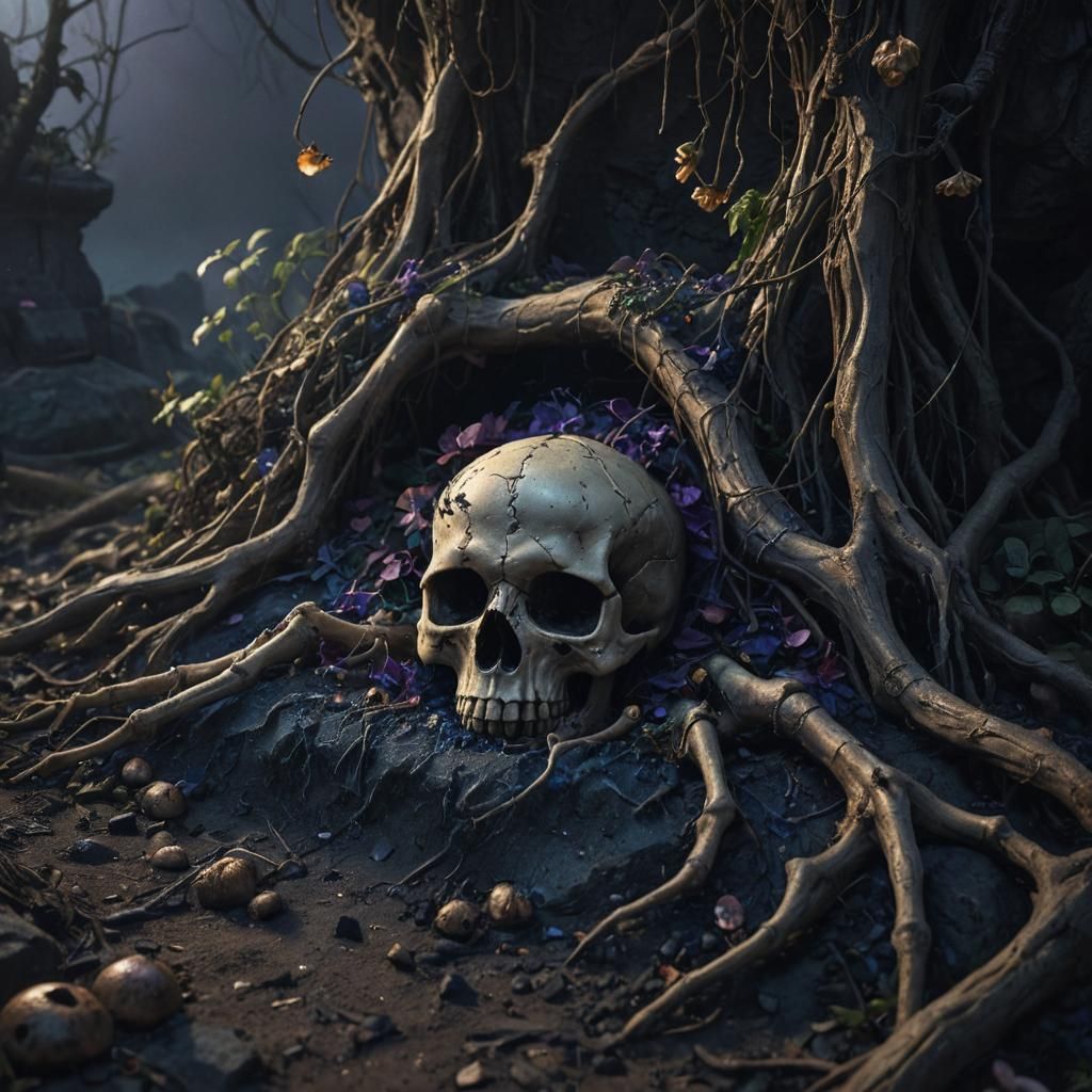 Dark Fantasy Skull with Creeper in Grave