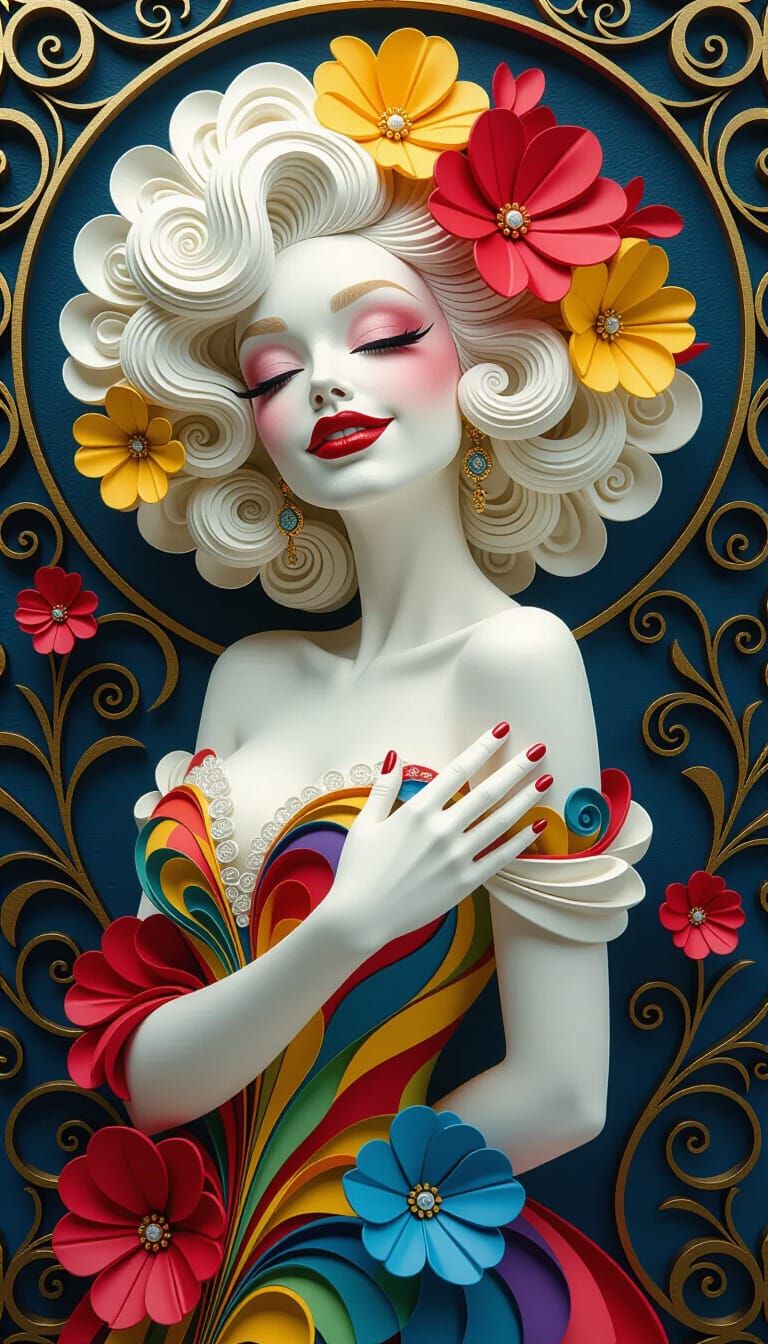 Elegant Albino Woman in Gala Gown with Flower Art