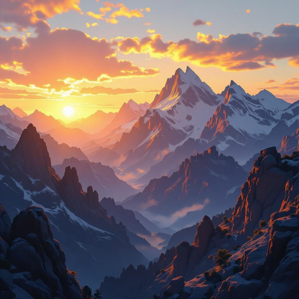 Majestic Mountains at Sunset in Matte Painting Style