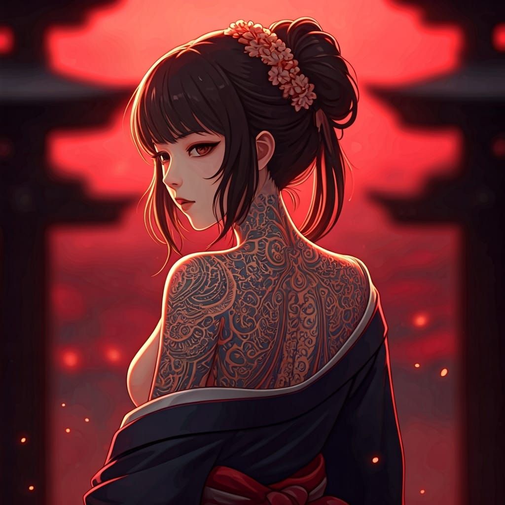 Kimono Woman with Ancient Art Tattoos in Manga Style