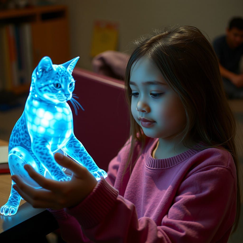Ethereal Blue Holographic Cat Captured in Cinematic Still