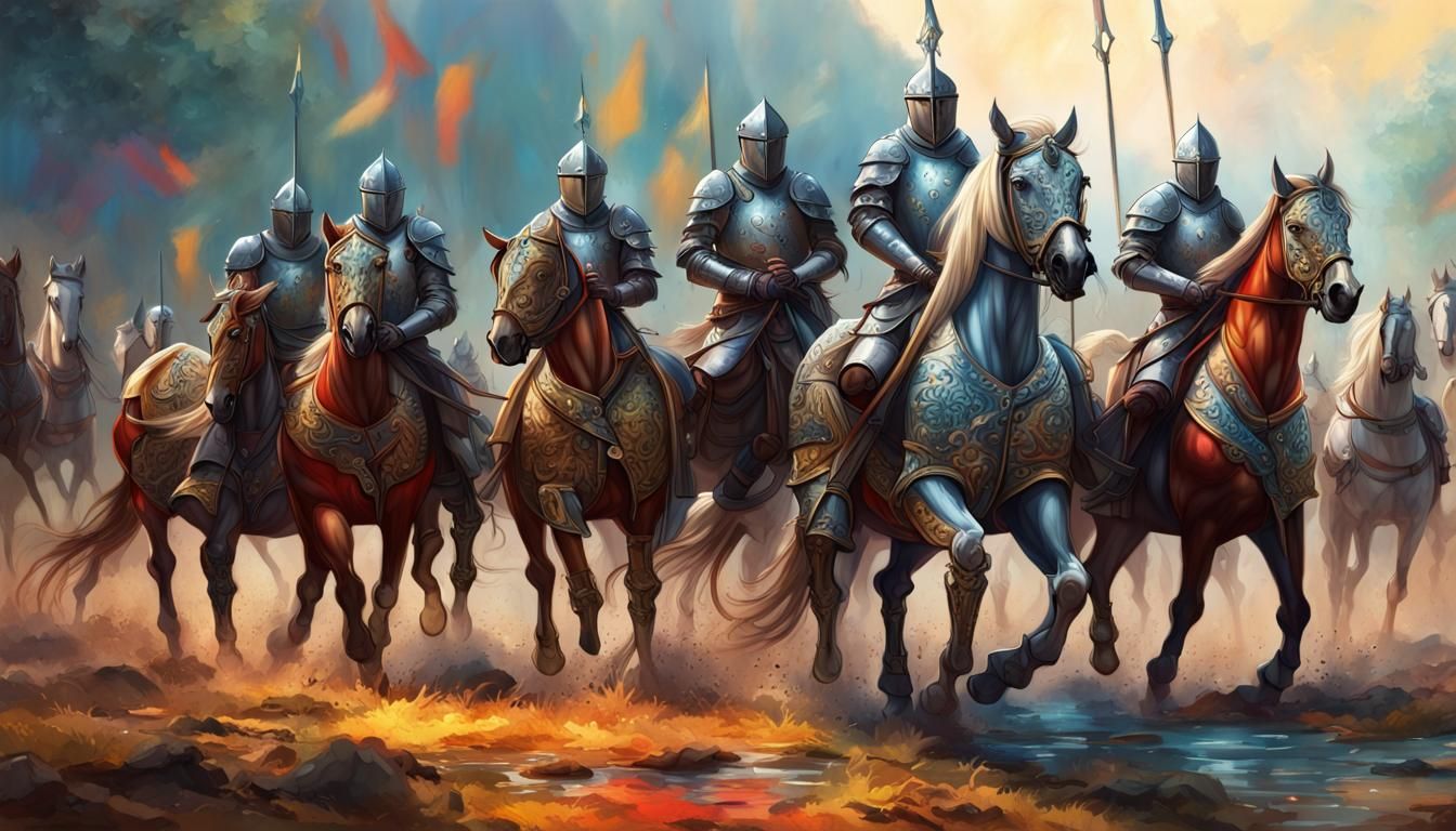 Medieval Horses in Full Armor: Hyperrealistic Splash Art