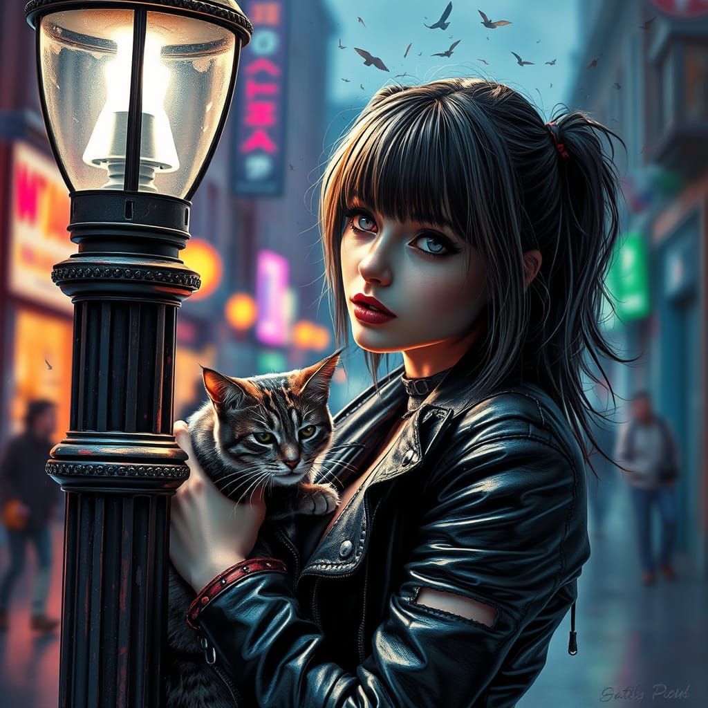 Disintegrating Goth-Punk Girl With Cat in Spiral Helix Stree...