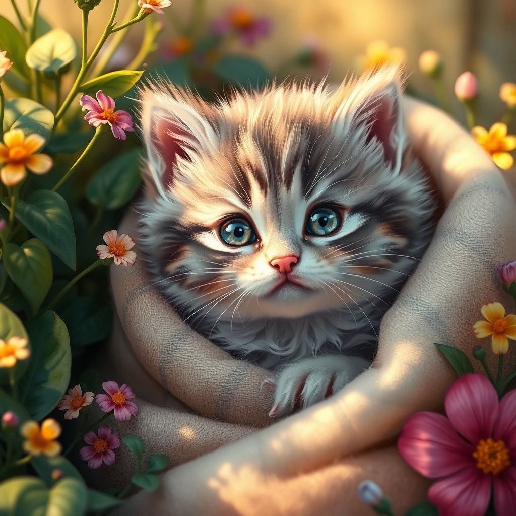 Adorable Kitten Wrapped in Blanket with Lush Greenery