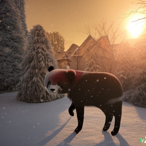 Panda Samurai Ronin in Winter Village: Hyperrealistic Art