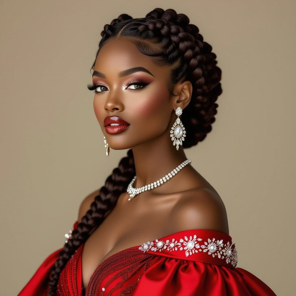 Elegant Black Woman in Red Gown, Vintage Glamour Style