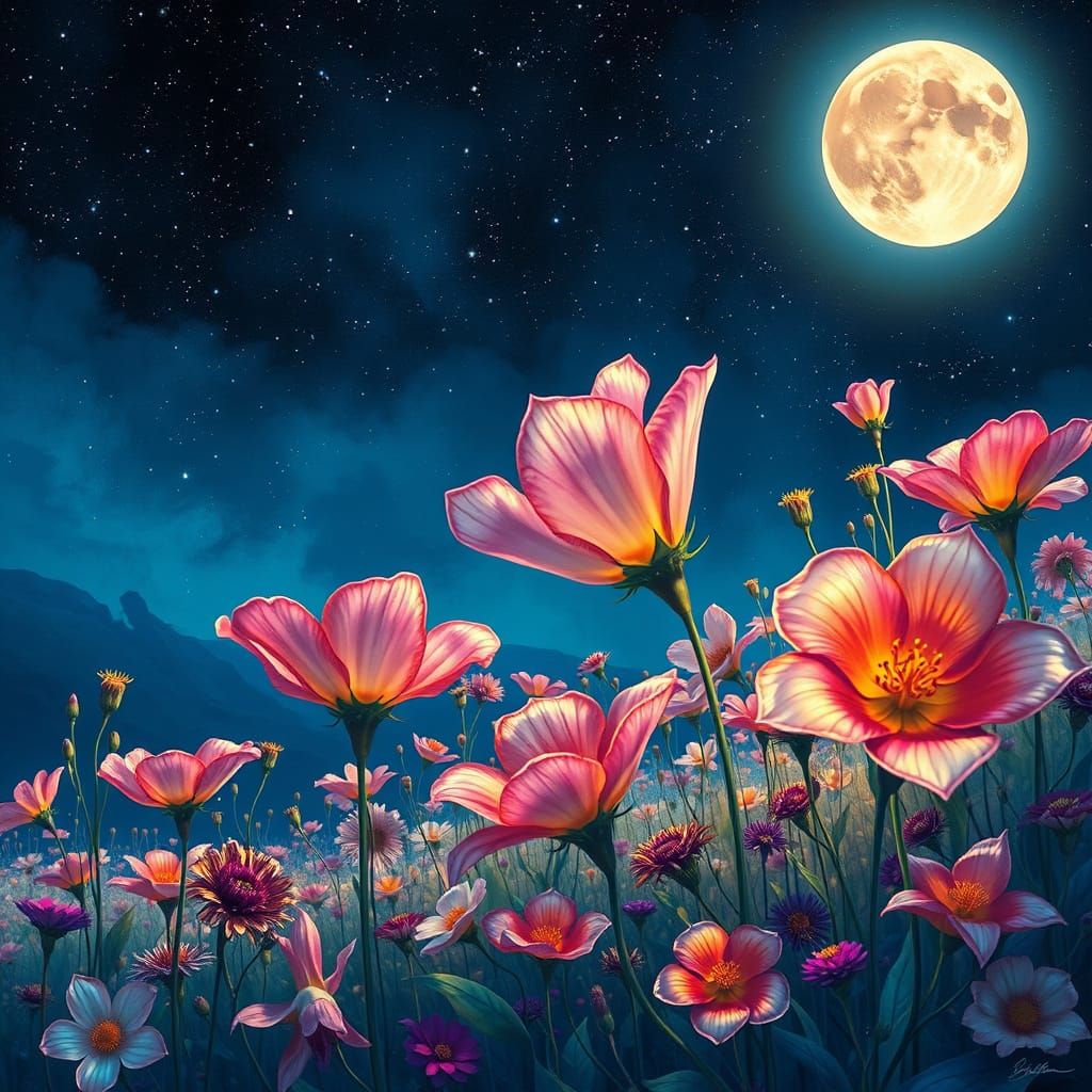 Surreal Floral Dreamscape under a Celestial Moon