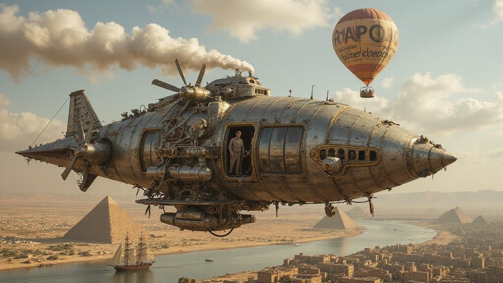 Steampunk Stingray Aircraft Over Egypt in Art Nouveau Style