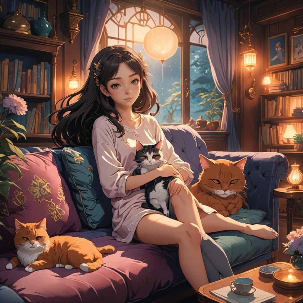Anime Girl with Cat: Detailed Fantasy Art