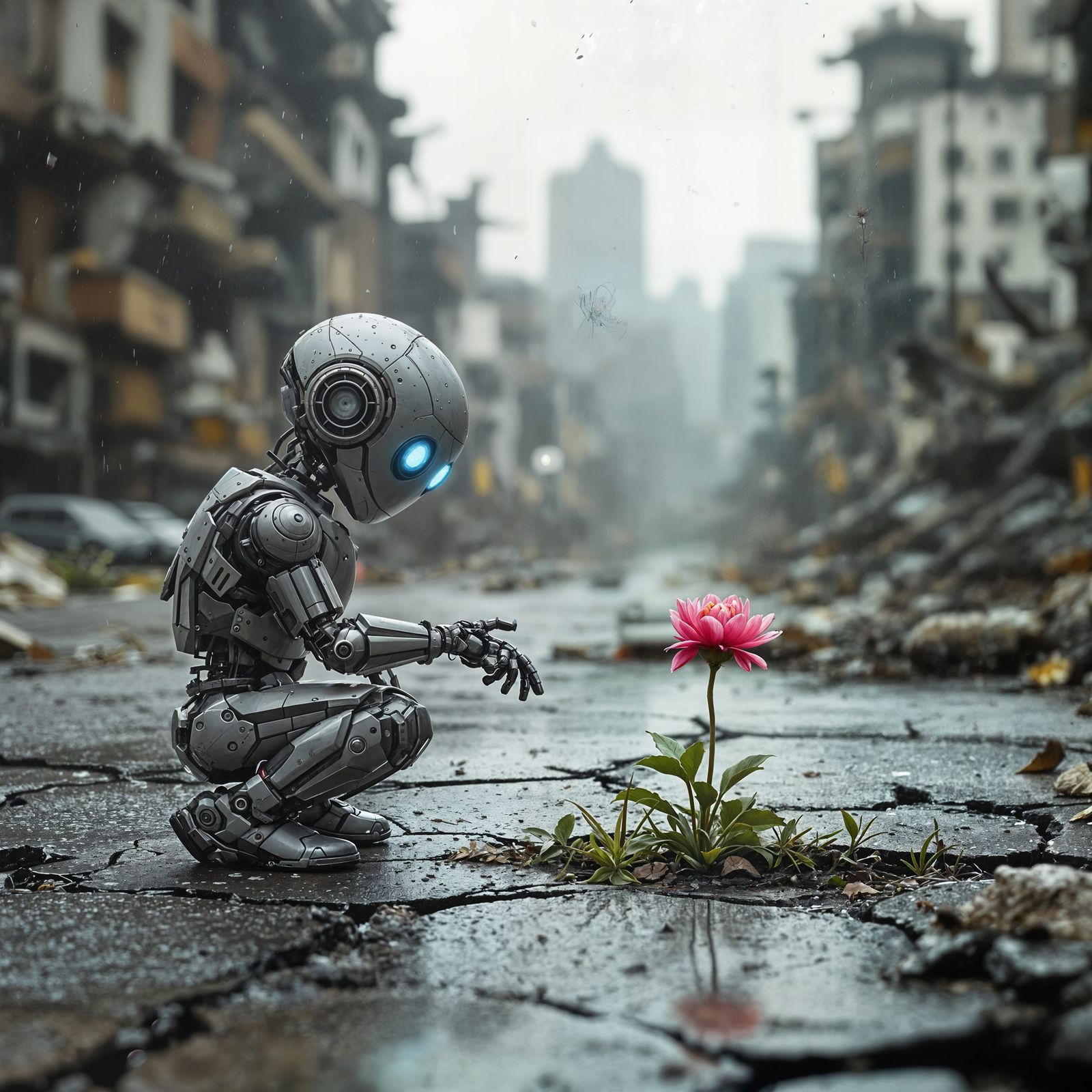 Robot and Flower in Post-Apocalyptic Cityscape