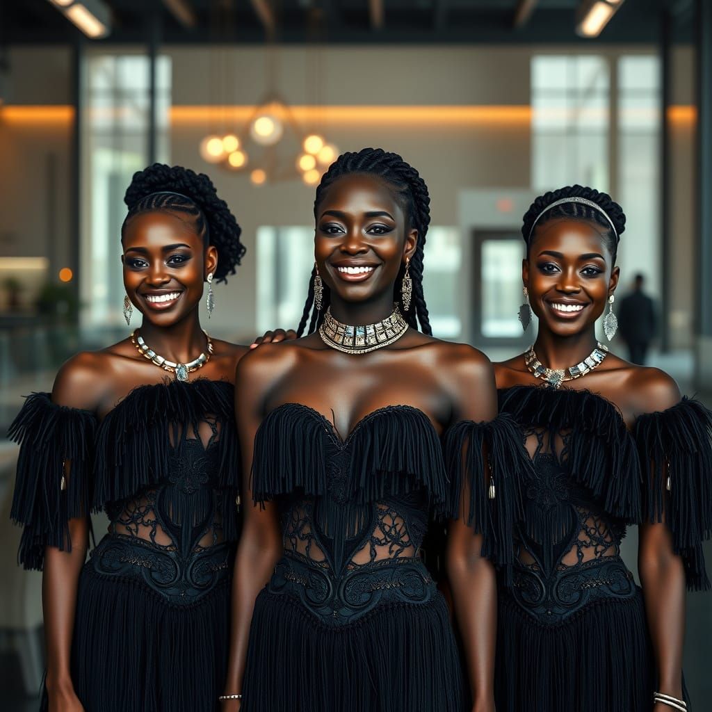 Smiling Women in Tassel Dresses: Hyperrealistic Digital Art