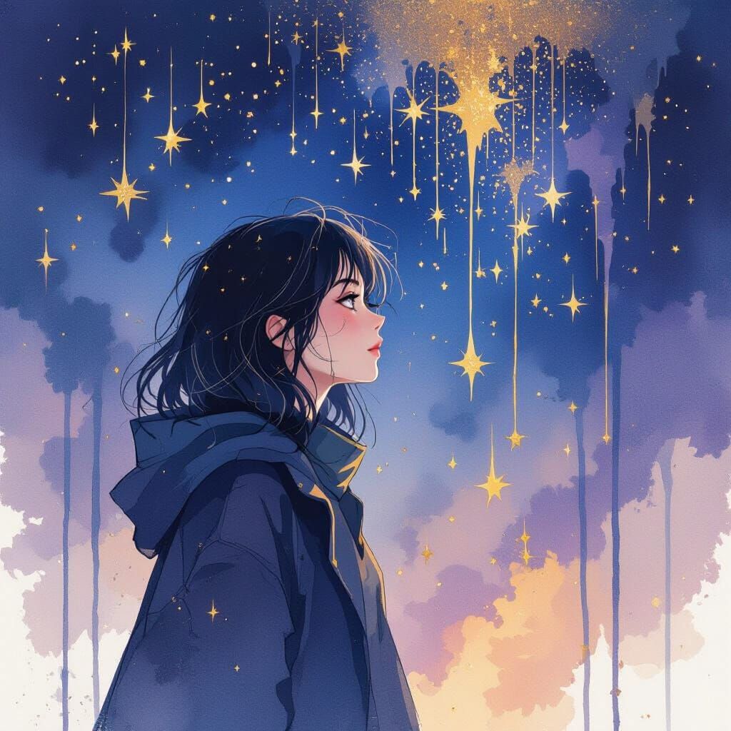 Ethereal Sky with Dripping Stars in Ink Wash