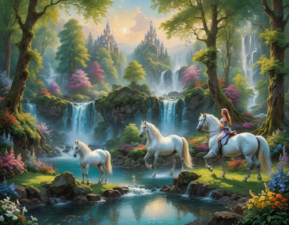 Magical Horses in Mystical Forest: Hyperdetailed Oil Paintin...
