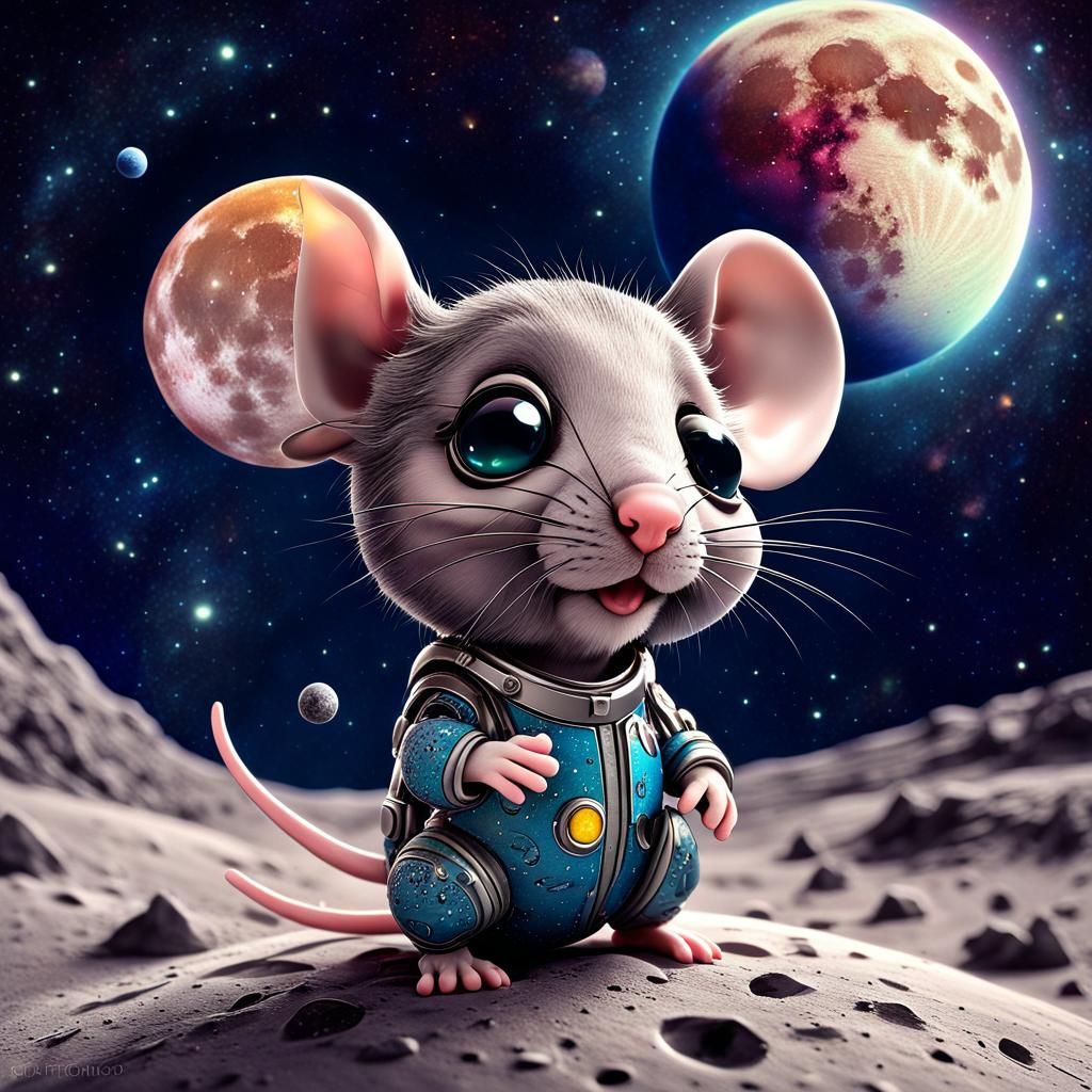 Chibi Mouse on Moon with Starry Night Sky