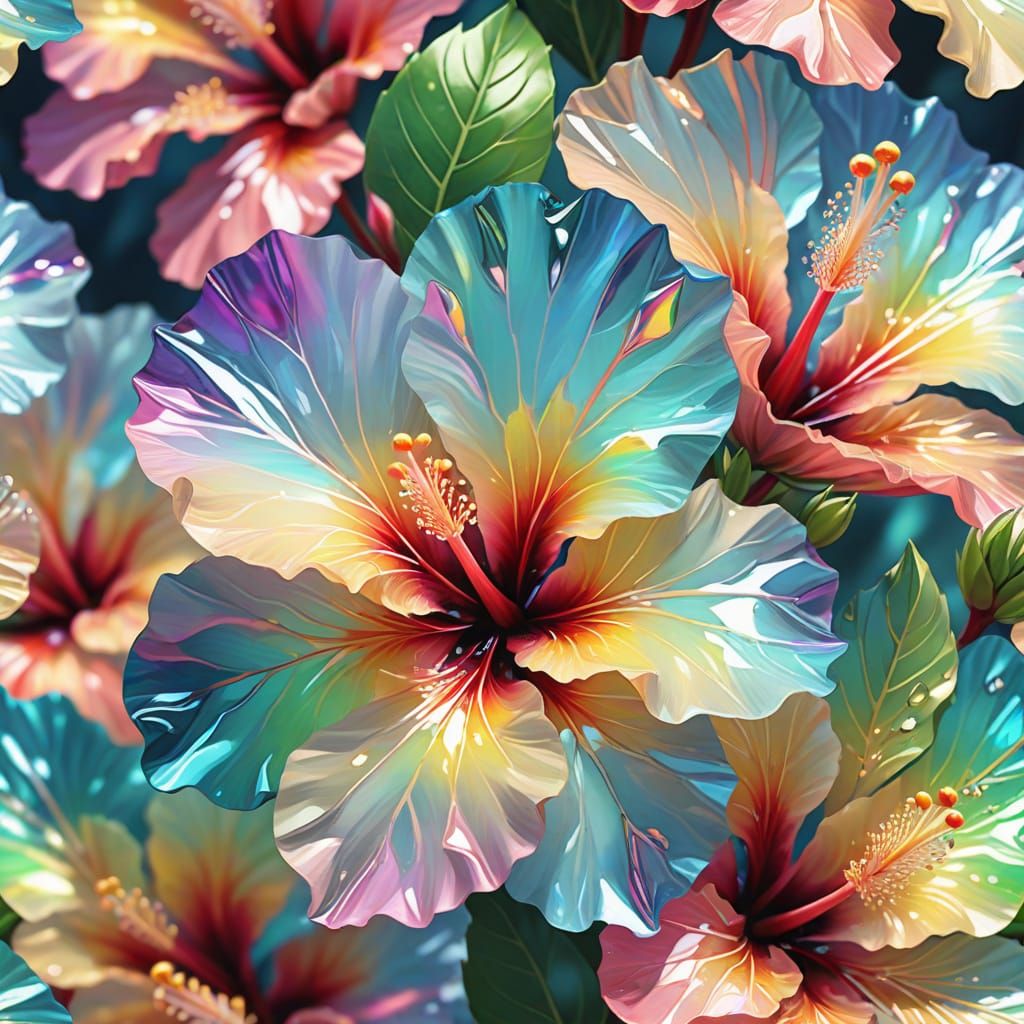 Crystal Hibiscus Flowers in Vibrant Digital Art