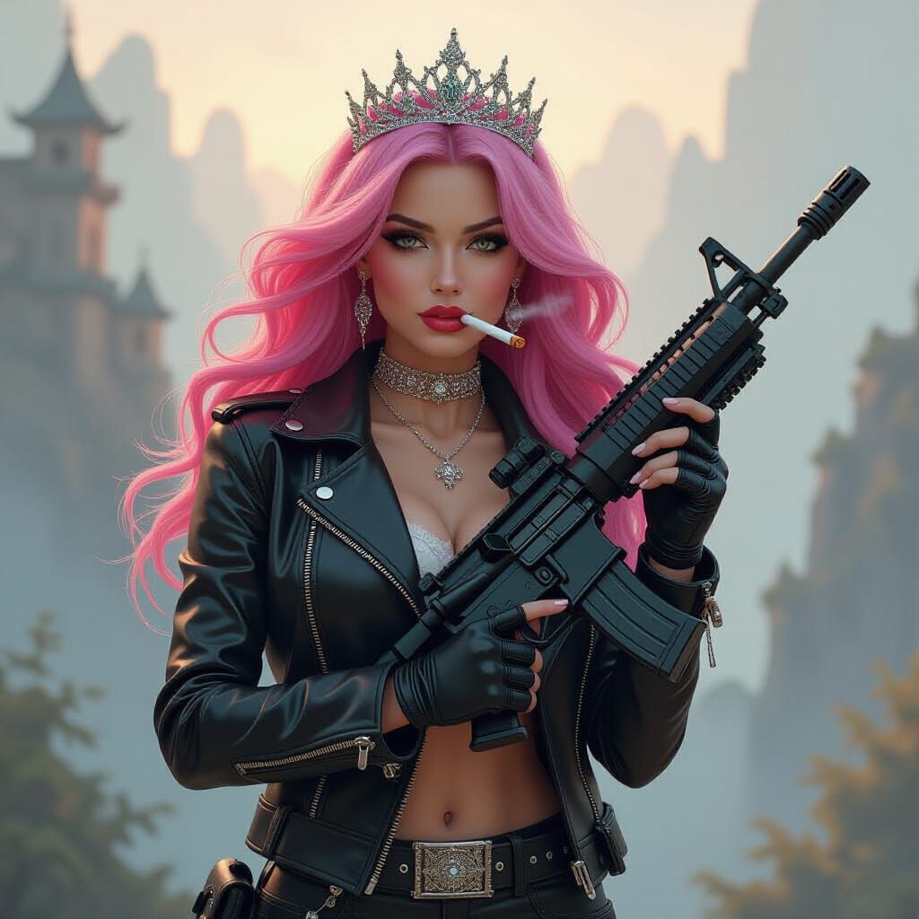 Sci-Fi Princess with Machine Gun in Ethereal Landscape